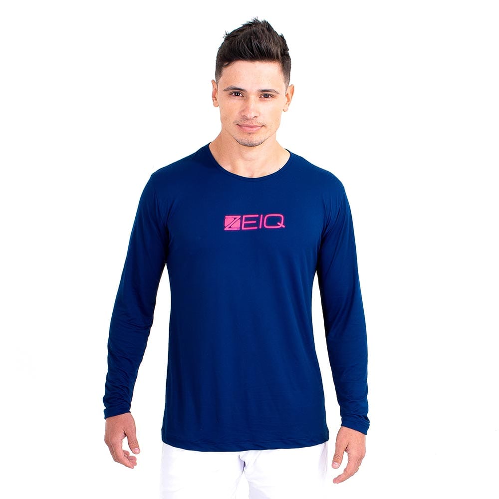 Camiseta Esportiva Manga Longa Zeiq Azul Marinho - Logo Rosa