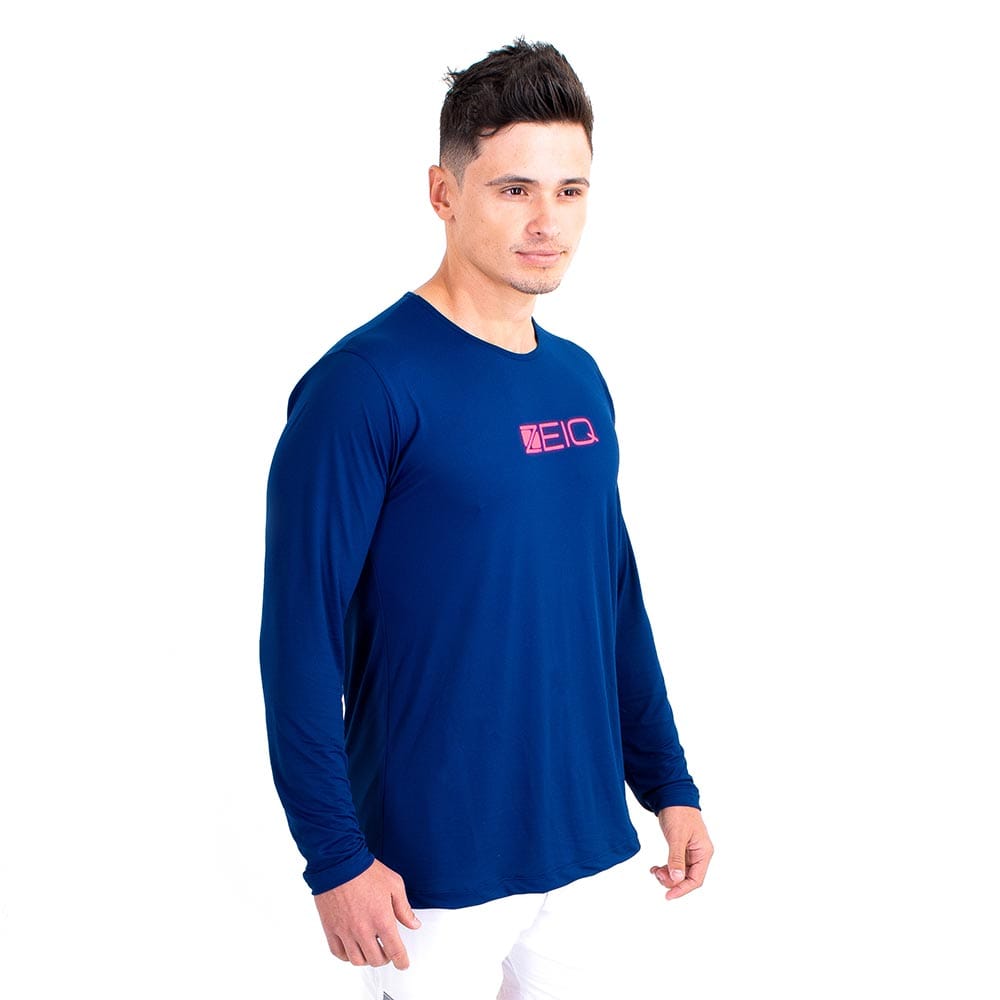 Camiseta Esportiva Manga Longa Zeiq Azul Marinho - Logo Rosa
