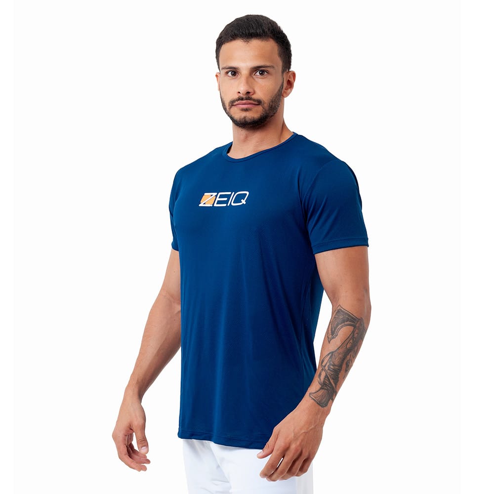 Camiseta Esportiva Slim Dry Zeiq Azul Marinho - Logo Branco e Laranja