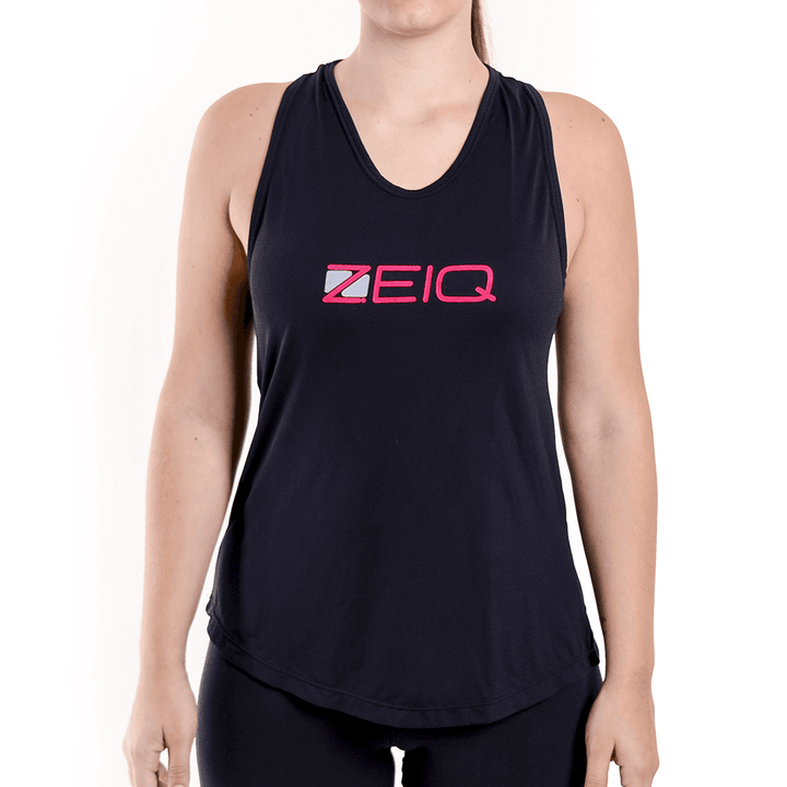 Regata Esportiva Feminina Zeiq Preta - Logo Rosa e Branco